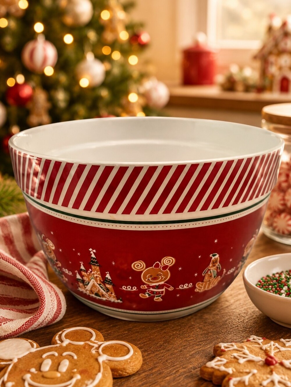 Disney Christmas Gingerbread Holiday Serving Mixing Bowl Red White Candy Cane